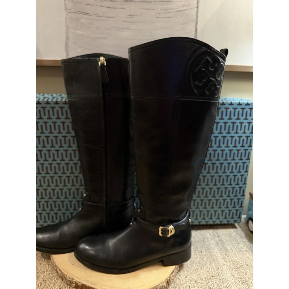 Tory Burch Marlene Black Leather Full‎ Zip Knee High Riding Boots Buckle 8 550$